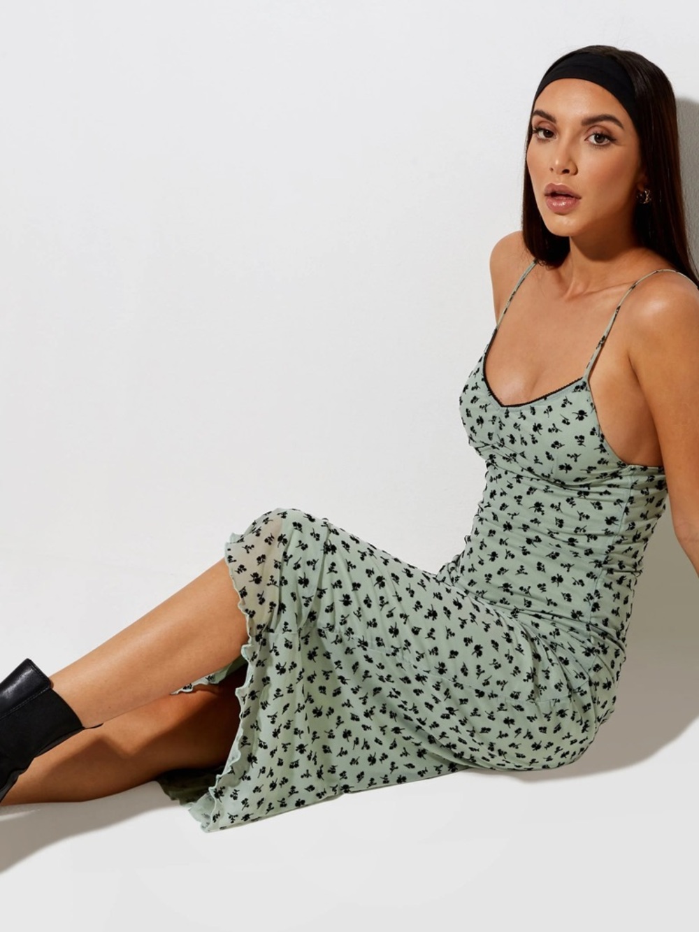 Motel Rocks Cotina Sage Green Floral Slip Midi Dress
